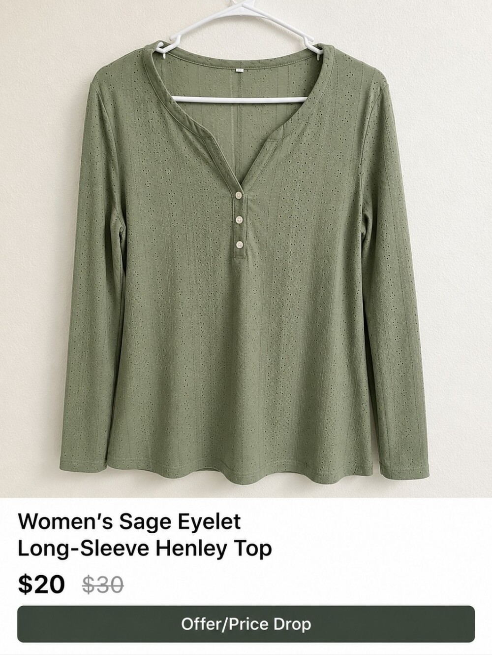 Women’s Sage Eyelet Long-Sleeve Henley Top